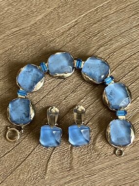 VINTAGE GERMANY Blue Glass Stone Bracelet Matching Earrings - Unbranded 50’s